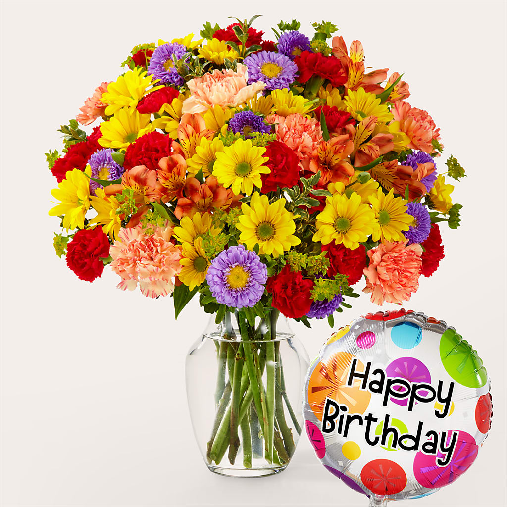 Kaleidoscope Bouquet with Birthday Balloon – Indio Florist, Indio CA