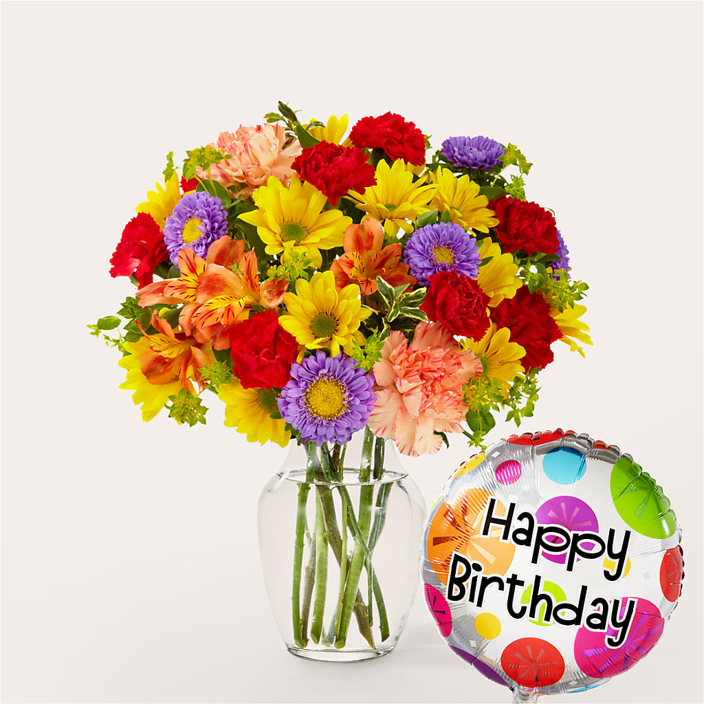 Kaleidoscope Bouquet with Birthday Balloon – Indio Florist, Indio CA