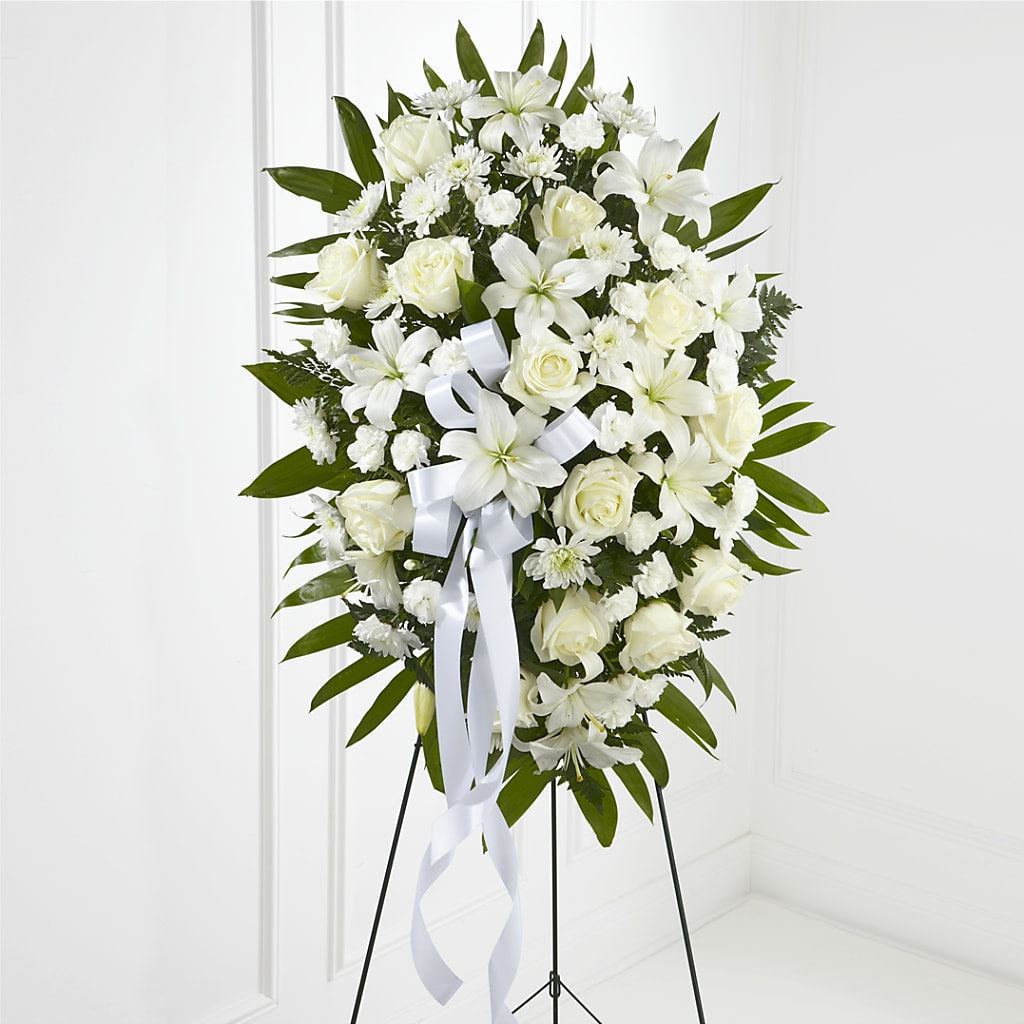 Exquisite Tribute Standing Spray-White Ribbon – Indio Florist, Indio CA